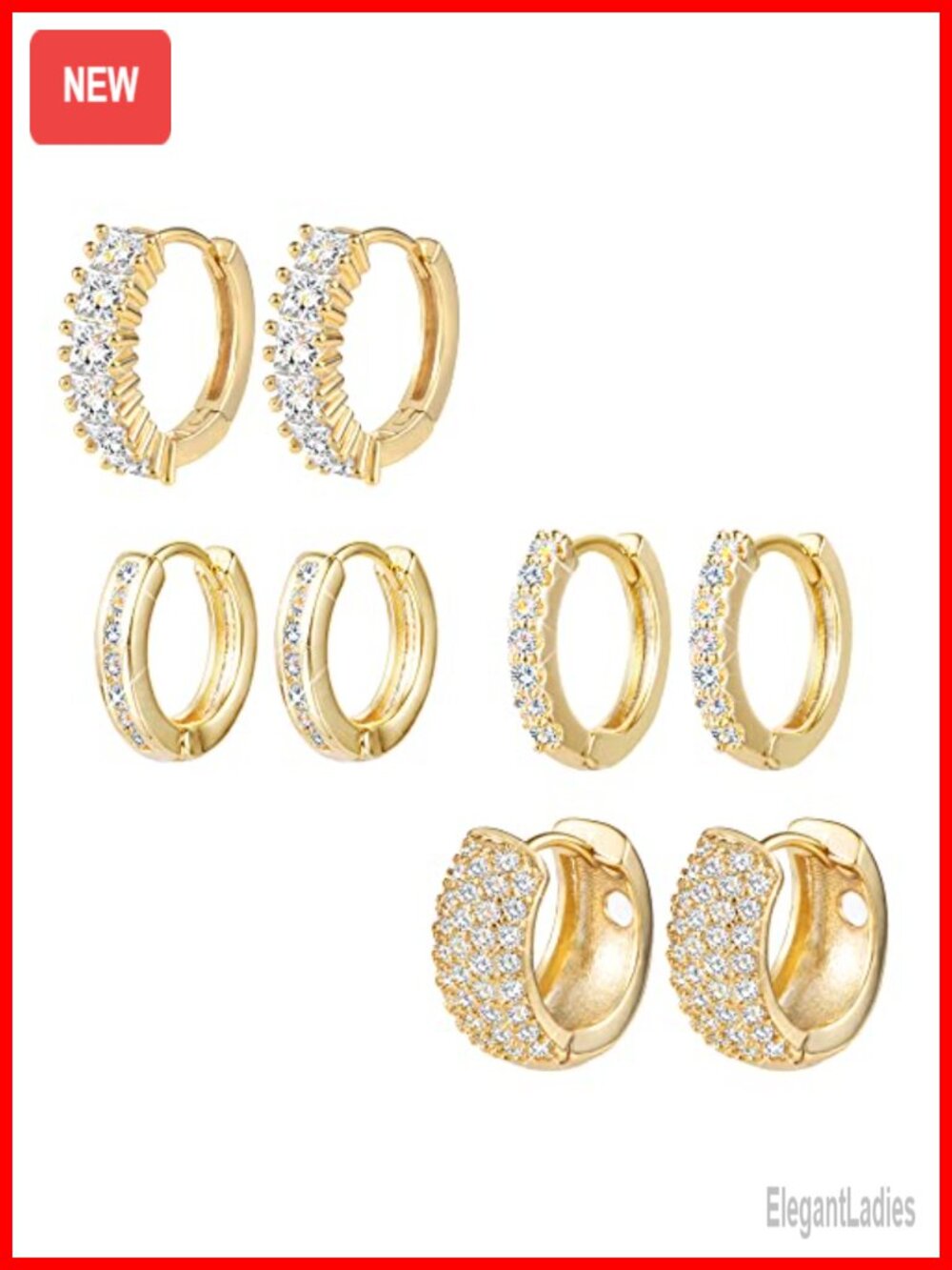 Small Gold Plated Hoop Earrings Set Diamond Pave Huggie